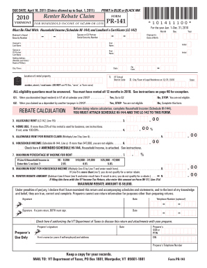 Vermont Renter Rebate Claim Form