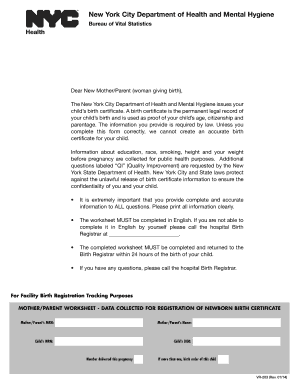 New York City Newborn Birth Certificate Worksheet