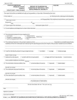 Michigan Probate Court Report of Guardian on Condition of Individual with Developmental Disability