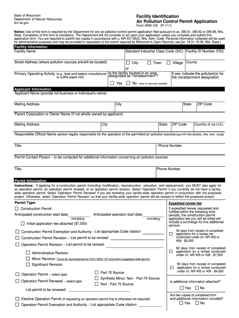 Form 4530-100 Facility Identification Air Pollution Control Permit Application Form 4530-100 Facility Identification Air Pollution Control Permit Application - dnr wi Preview on Page 1