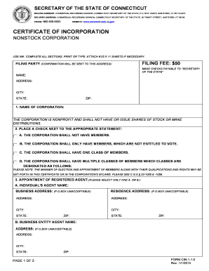 Connecticut Nonstock Corporation Certificate of Incorporation