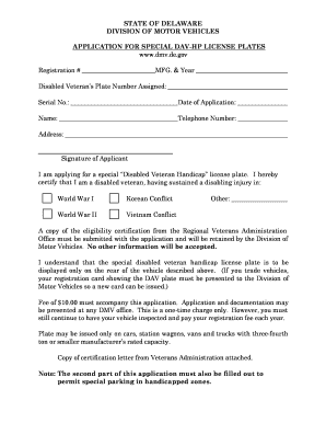 Delaware DAV-HP License Plate Application
