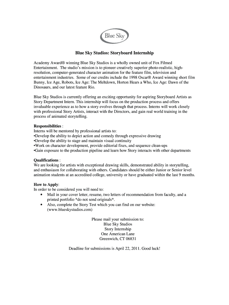 Fillable Online Blue Sky Studios Storyboard Internship Fax Email Print