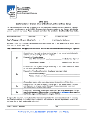 Confirmation of Orphan, Ward of the Court, or Foster Care Status