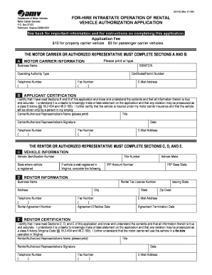 Virginia For-Hire Intrastate Rental Vehicle Authorization Application