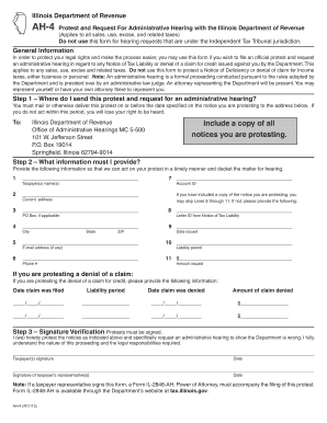 Illinois AH-4 Protest and Request for Administrative Hearing