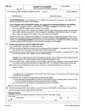 Alabama Answer to Complaint Form