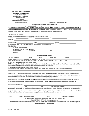New Jersey Duplicate Certificate of Ownership Application