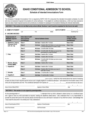 Idaho Conditional Admission to School Immunization Form