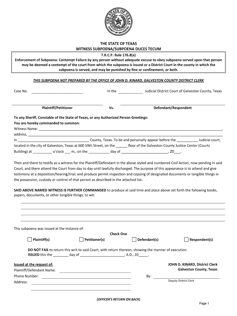 Texas Subpoena Request Form Fill Out Sign Online DocHub