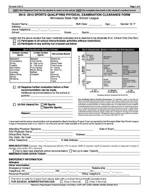 Minnesota Sports Qualifying Physical Examination Clearance Form