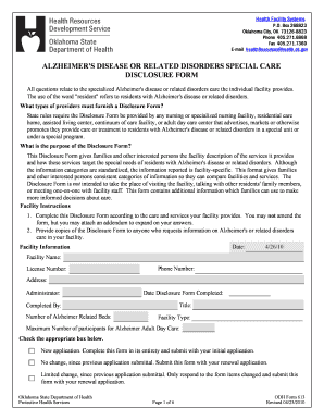 Alzheimer's Disease Special Care Disclosure Form
