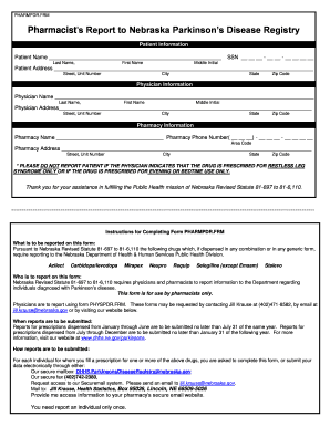 Pharmacist's Report to Nebraska Parkinson’s Disease Registry