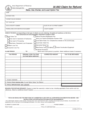 Iowa IA 843 Claim for Refund