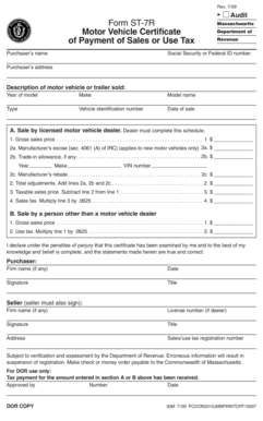 Massachusetts Motor Vehicle Sales Tax Certificate