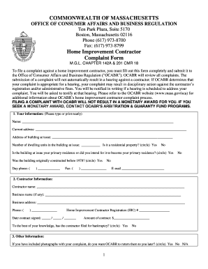 Massachusetts Home Improvement Contractor Complaint Form
