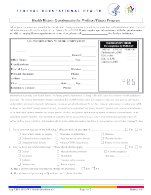 Health History Questionnaire for Wellness Program