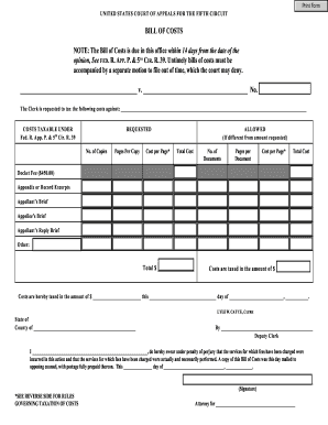 US Court of Appeals Bill of Costs