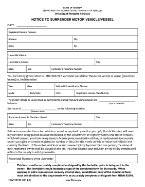 Florida Notice to Surrender Motor Vehicle/Vessel
