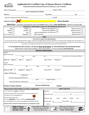Application for Certified Copy of Kansas Divorce Certificate