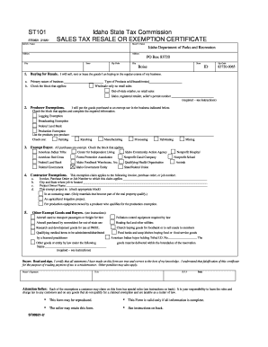 Idaho Sales Tax Resale or Exemption Certificate
