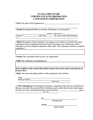 Delaware Non-Stock Corporation Certificate of Incorporation