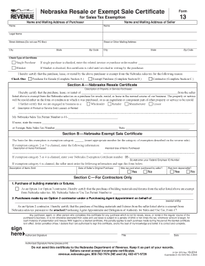 Nebraska Resale or Exempt Sale Certificate