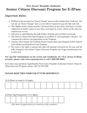New Jersey E-ZPass Senior Citizen Discount Application