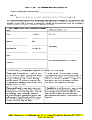 Texas Justice Court Civil Case Information Sheet