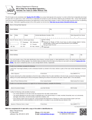 DOR-5423 Bill of Sale for Scrap Metal Operators Vehicles Ten Years or Older without Title - dor mo