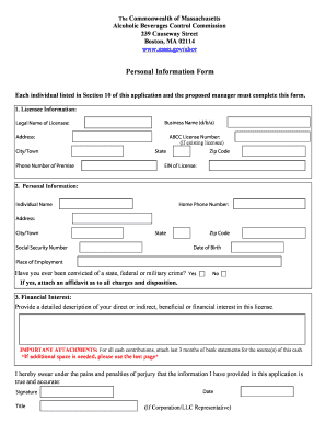 Massachusetts Alcoholic Beverages Licensee Personal Information Form