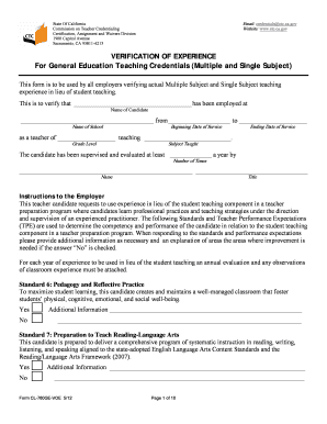 California Verification of Experience for Teaching Credentials