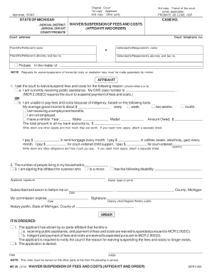 Michigan Waiver/Suspension of Fees and Costs Affidavit and Order
