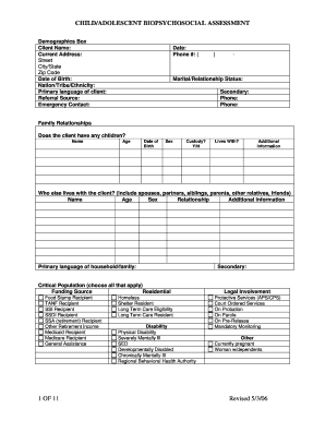 Child/Adolescent Biopsychosocial Assessment Form