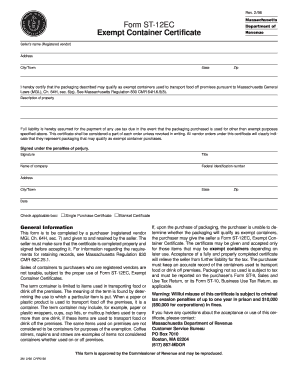 Massachusetts Exempt Container Certificate