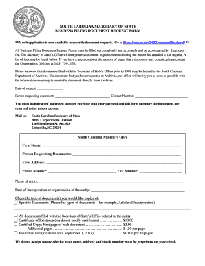 South Carolina Business Filing Document Request Form