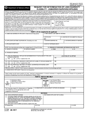 VA Form 26-1817 Request for Determination of Loan Guaranty Eligibility - Unmarried Surviving Spouses