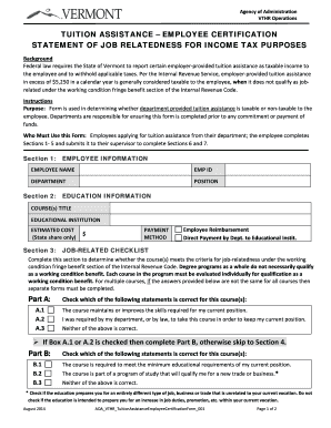 Vermont Tuition Assistance Employee Certification Form