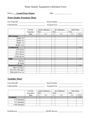 Water Quality Equipment Calibration Form