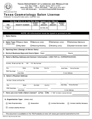 Texas Cosmetology Salon License Application