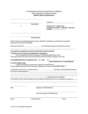 Oregon Small Claims Defendant's Response Form