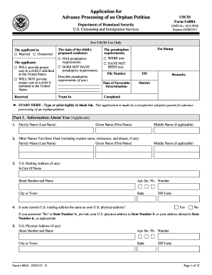 USCIS Form I-600A Application for Advance Processing of an Orphan Petition
