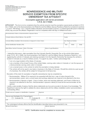 Colorado Nonresidence Military Vehicle Tax Exemption Affidavit