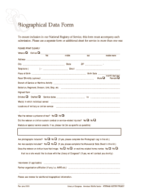 Veterans History Project Biographical Data Form