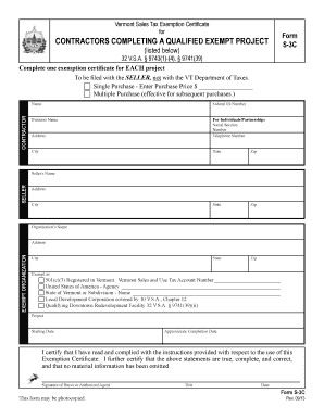 Vermont Sales Tax Exemption Certificate for Contractors