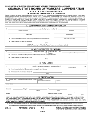 Georgia WC-10 Notice of Election or Rejection of Workers' Compensation Coverage