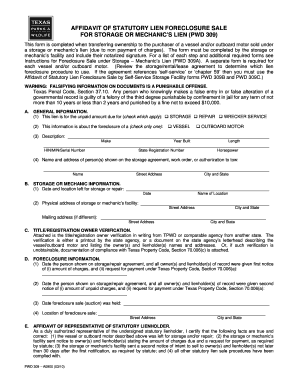 Affidavit of Statutory Lien Foreclosure Sale for Storage or Mechanic’s Lien