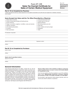 Massachusetts Sales Tax Exempt Certificate for Medical Equipment