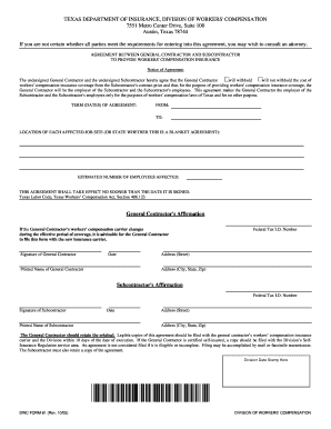 Texas General Contractor Subcontractor Workers' Compensation Agreement