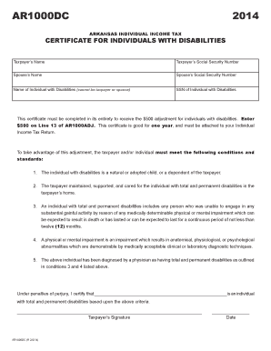 Arkansas Individual Income Tax Certificate for Disabilities